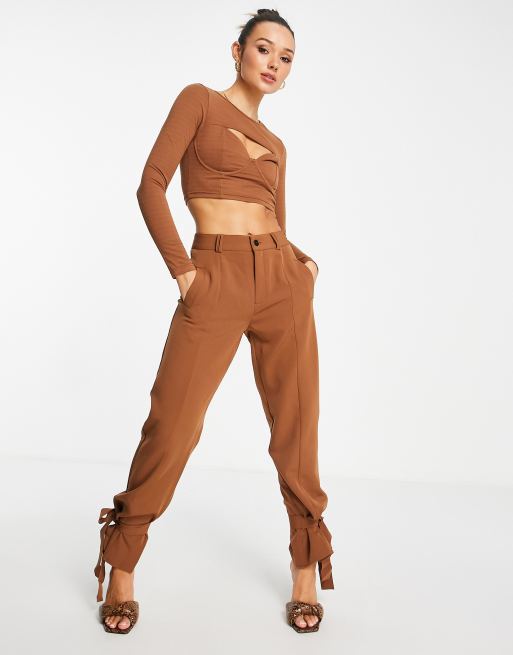 Extro & Vert ankle tie trouser co-ord in midnight brown 