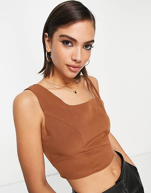 Extro & Vert asymetric crop top co-ord in midnight brown