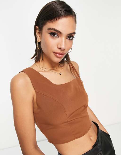 Extro & Vert asymmetric crop top in midnight brown - part of a set