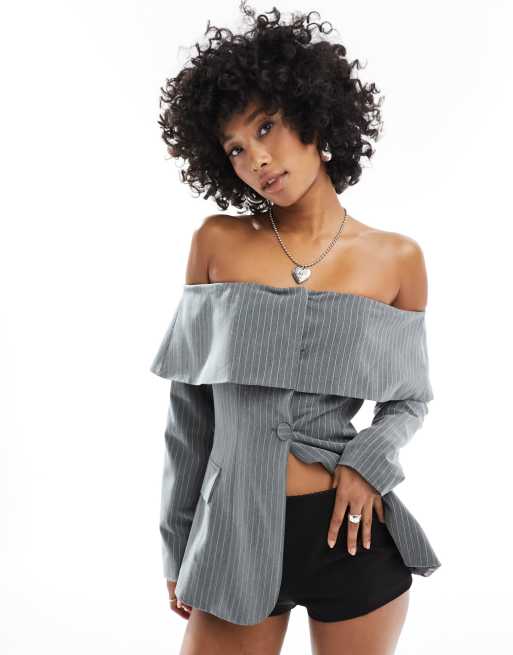 Extro & Vert - Bandeau blazer-korsettop in grijs met krijtstreep