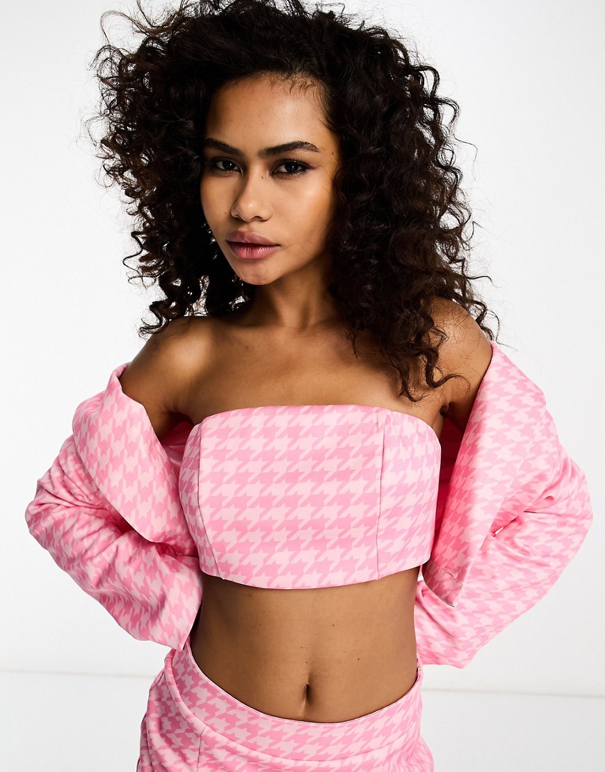 Extro & Vert bandeau crop top in tonal pink dogtooth check co-ord