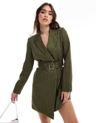 Extro & Vert Extro & Vert belted mini blazer dress in khaki stripe-Green