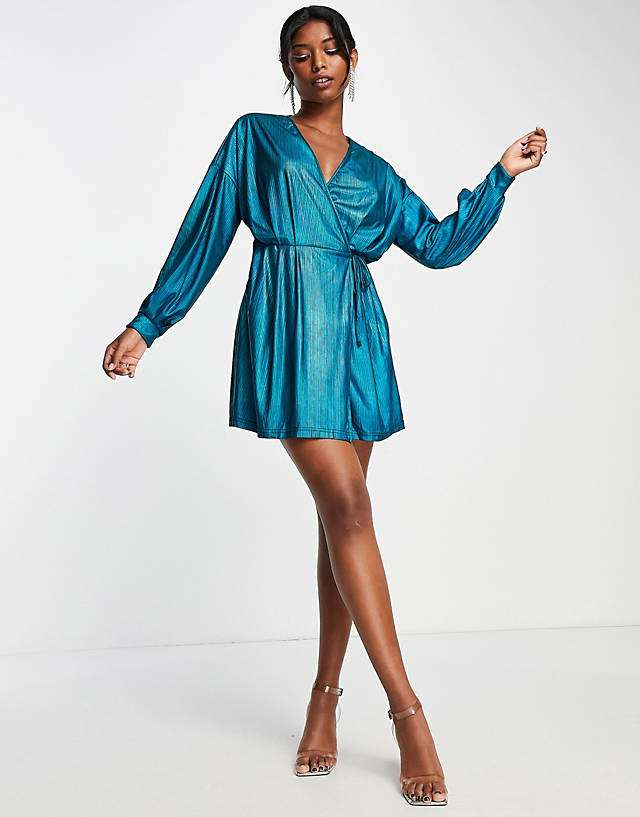 Extro & Vert - belted mini dress with balloon sleeves in blue plisse