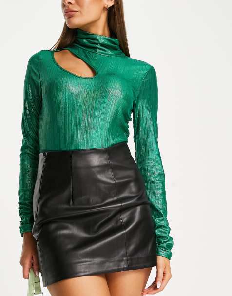 Extro & Vert - Body a maniche lunghe accollato verde scintillante con cut-out - view 1