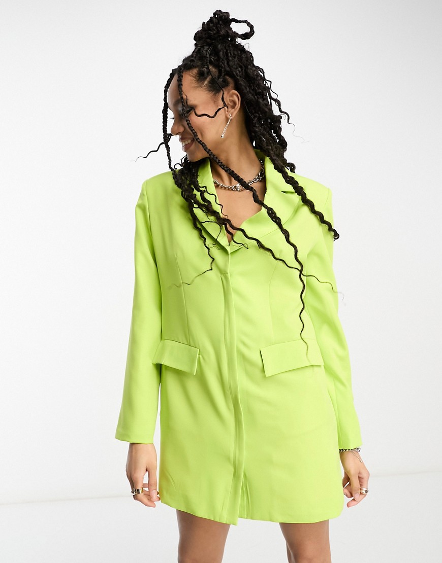 boxy blazer dress in chartreuse with button details-Green