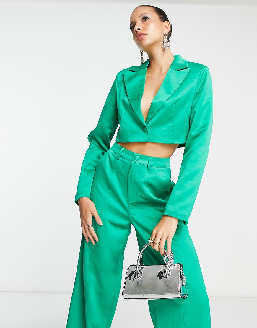 Extro & Vert boxy cropped blazer in emerald satin co-ord-Green