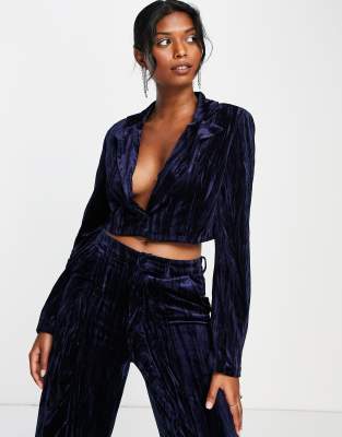 Extro & Vert boxy cropped blazer in navy sapphire velvet co-ord - ASOS Price Checker