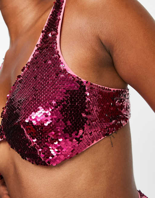 Sequin Bralet In Hot Pink Co-Ord