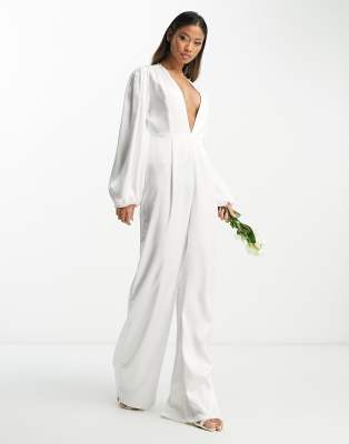 Extro & Vert - Bridal - Braut-Jumpsuit aus Satin mit tiefem Ausschnitt und Ballonärmeln-Weiß