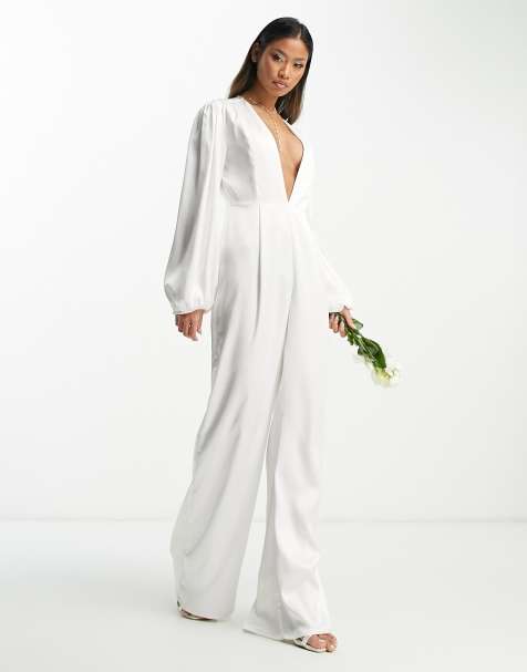 Extro & Vert – Bridal – Braut-Jumpsuit aus Satin mit tiefem Ausschnitt und Ballonärmeln - view 1