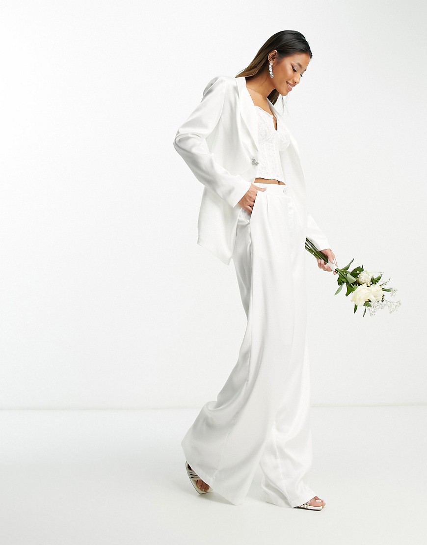 Extro & Vert Bridal pleated satin wide leg trousers with heart jewel button co-ord-White