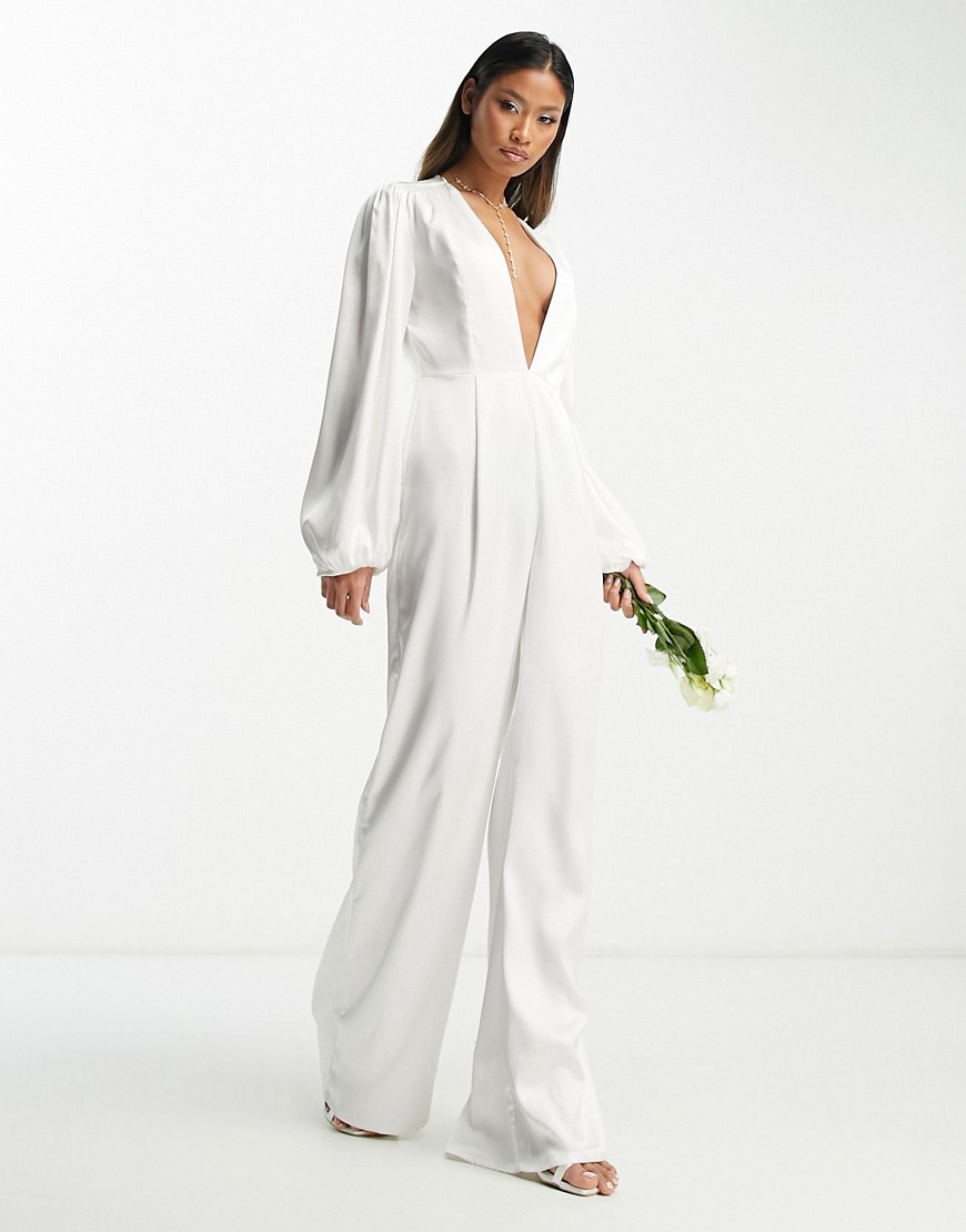 Bridal plunge front satin jumpsuit with balloon sleeves-White