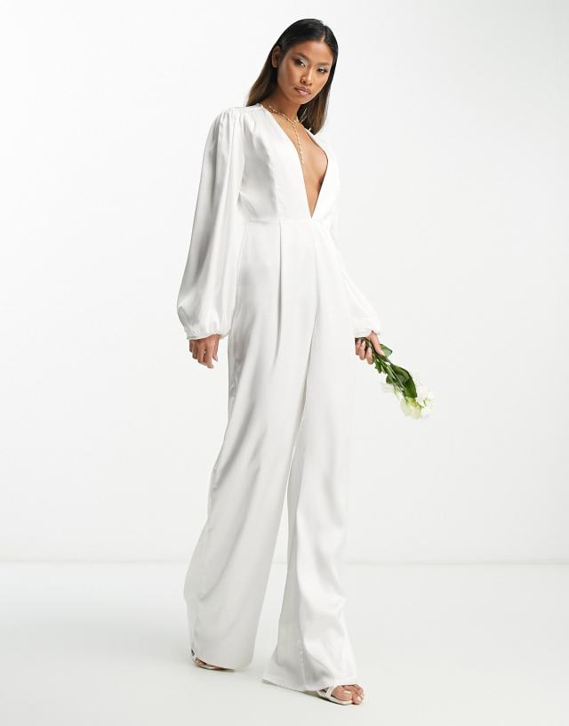 Extro & Vert Bridal plunge front satin jumpsuit with balloon sleeves