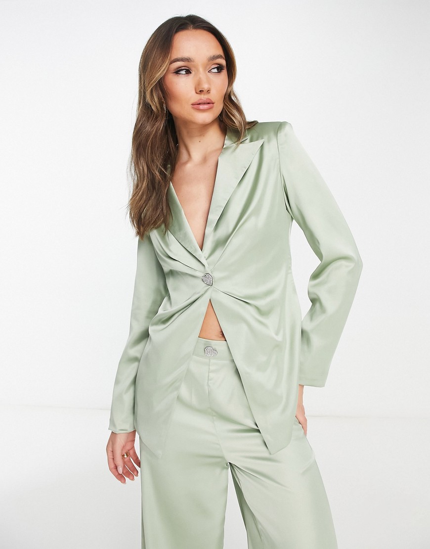 Extro & Vert Bridesmaid fitted satin blazer with heart jewel button co-ord-Green