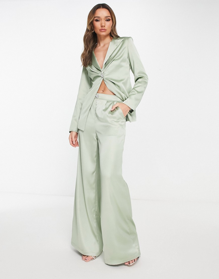Bridesmaid pleated satin wide leg pants with heart jewel button - part of a set-Green