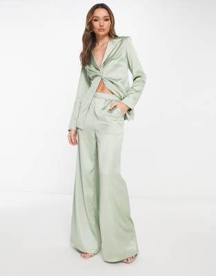 Extro & Vert Extro & Vert Bridesmaid pleated satin wide leg trousers with heart jewel button co-ord-Green