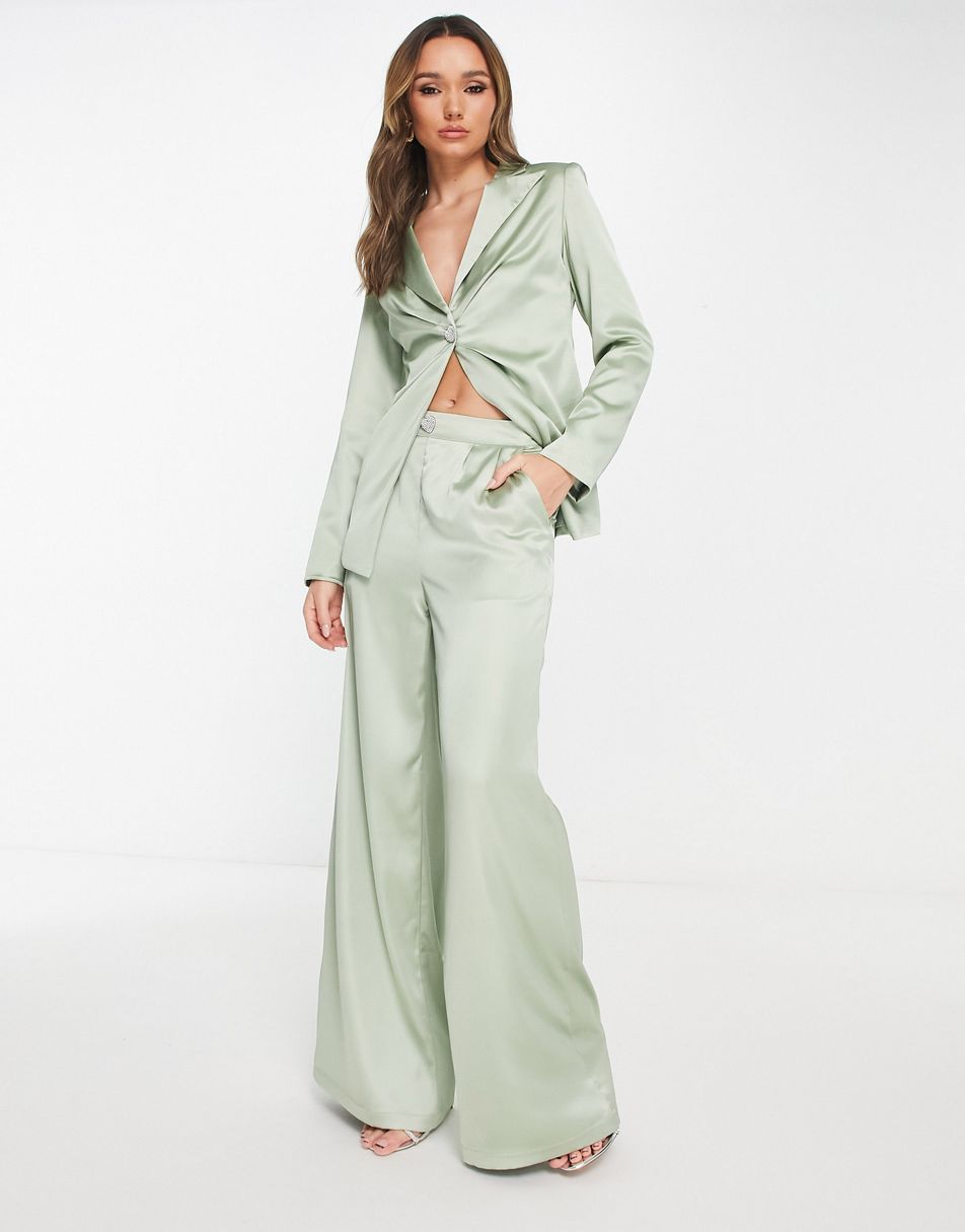 Co Ord Textured Bardot Top Wide Leg Trousers in Khaki