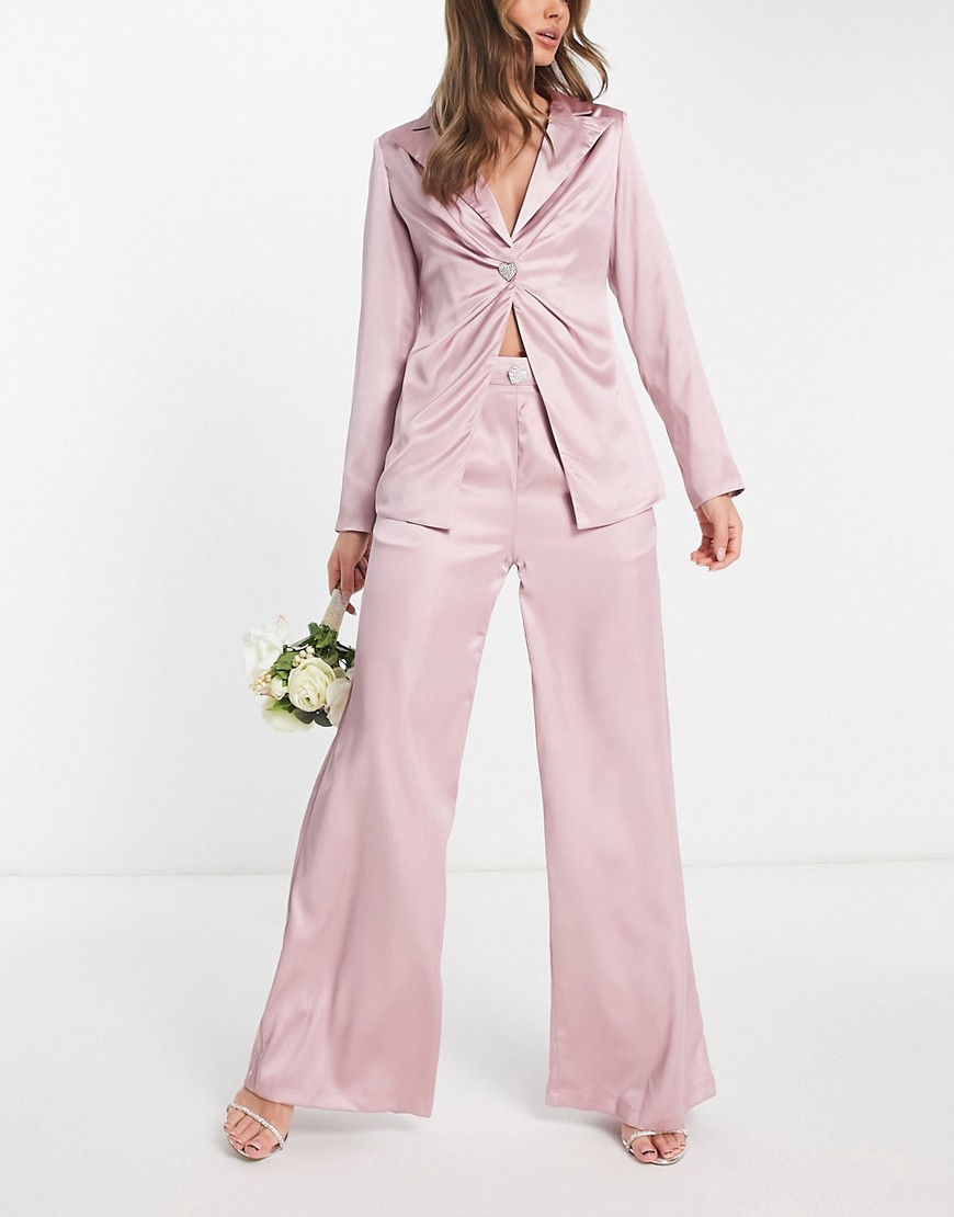 Extro & Vert Bridesmaid pleated satin wide leg trousers with heart jewel button co-ord-Pink