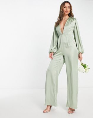 Extro & Vert Bridesmaid Plunge Front Satin Jumpsuit With Balloon Sleeves-green