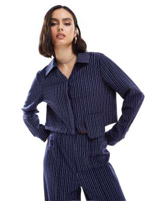 Extro & Vert Button Front Collared Shirt In Navy Pinstripe - Part Of A Set