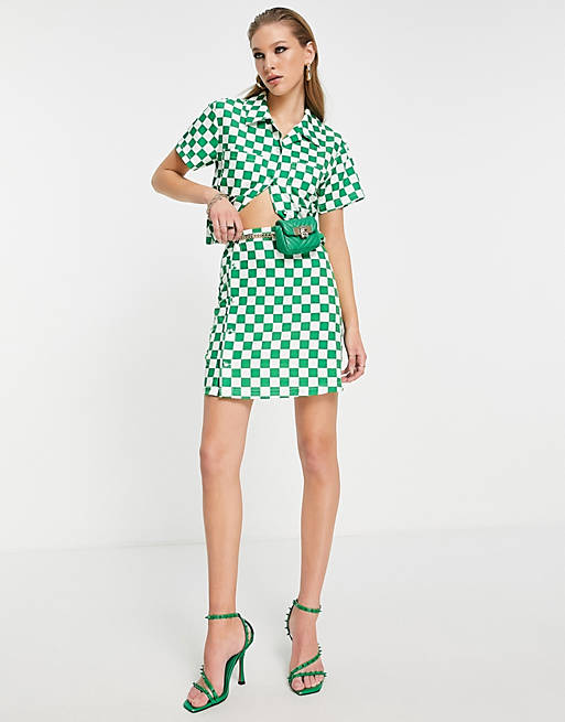 Extro & Vert button up mini skirt in bold green checkerboard