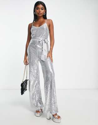 Extro & Vert cami wide leg jumpsuit in silver sequin - ASOS Price Checker