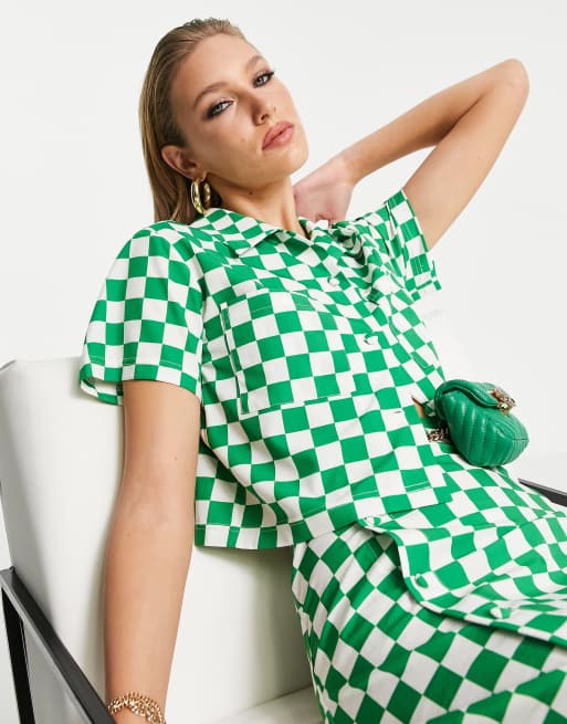 Extro & Vert - Chemise courte coupe carrée avec motif à damier - Vert vif