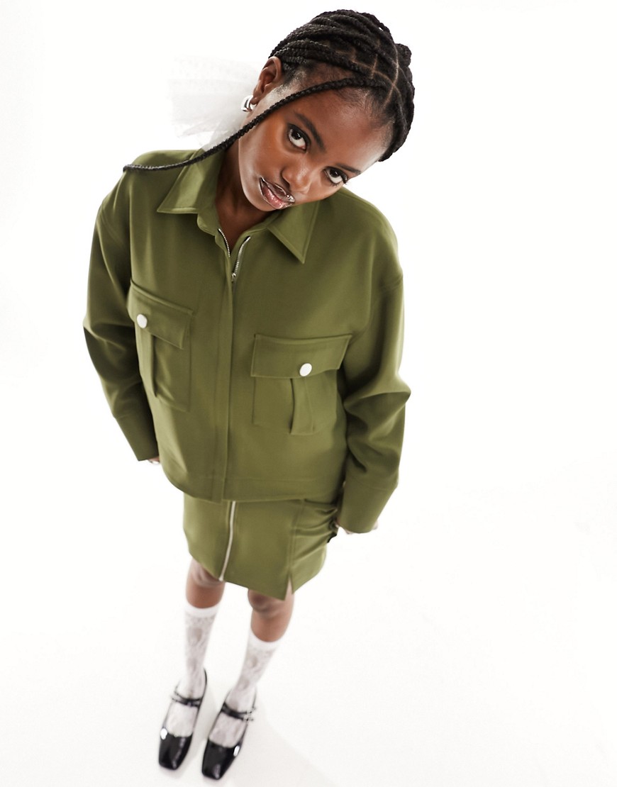 collared zip up utility jacket in khaki - part of a set-Green