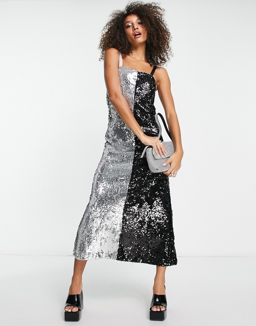 contrast cami maxi dress in silver and black sequin