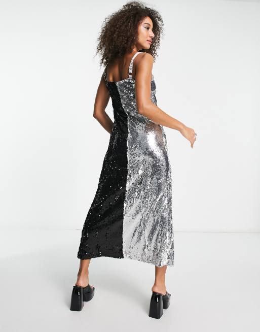 Extro Vert contrast cami maxi dress in silver and black sequin