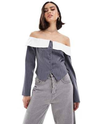 corset bandeau blazer top in gray stripe-Blue