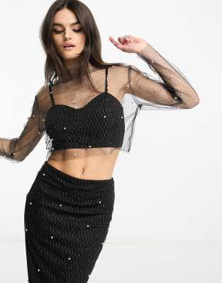 Extro & Vert Extro & Vert crop top with pearl embellished layer in black co-ord
