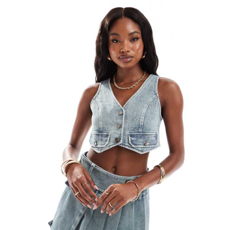 Cropped denim vest best sale