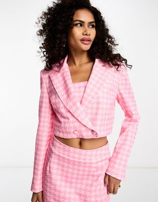 Extro & Vert cropped jacket in tonal pink dogtooth check co-ord