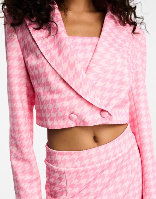 Extro & Vert crop top, blazer and mini skirt set in tonal pink dogtooth  check