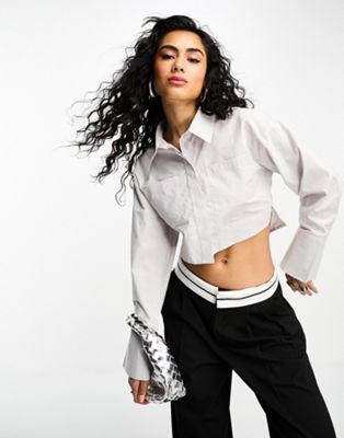 Extro & Vert cropped shirt with wide sleeves in stone grey - ASOS Price Checker