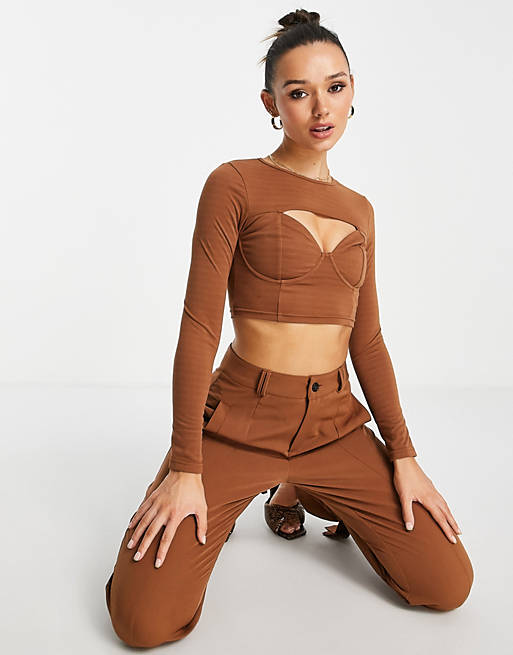 Extro & Vert cut out crop top co-ord in midnight brown