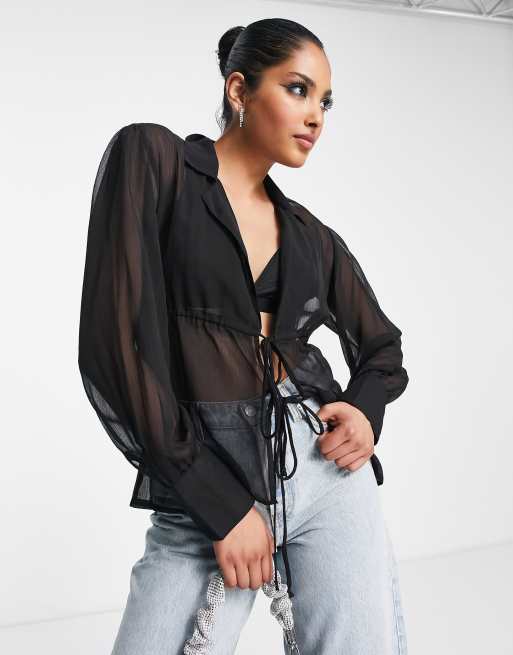 Extro & Vert - Doorzichtige blouse van chiffon met gestrikte voorkant in zwart