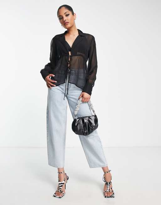 Extro & Vert - Doorzichtige blouse van chiffon met gestrikte voorkant in zwart, 3 van 4