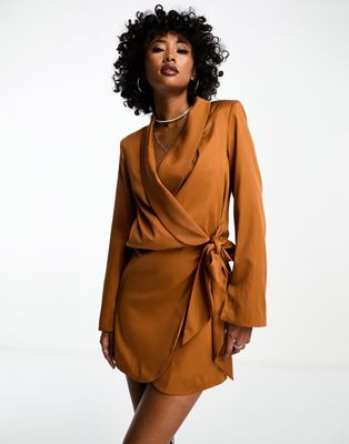 Extro & Vert Drape Tie-side Blazer Mini Dress In Chocolate-brown