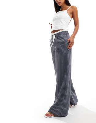 drawstring tailored pants in gray stripe-Blue