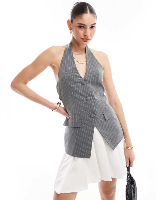 Extro & Vert - Elegante 2-in-1 mini giletjurk met plooien in grijs met krijtstreep 