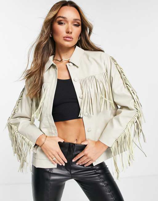 Extro & Vert faux leather western tassel jacket in ecru | ASOS