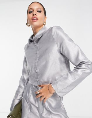 Extro & Vert fitted cropped shirt in silver sparkle - ASOS Price Checker