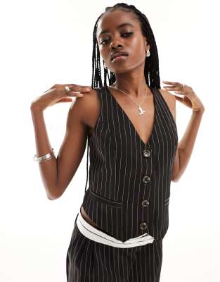 Extro & Vert Extro & Vert fitted pinstripe waistcoat in black co-ord-Multi