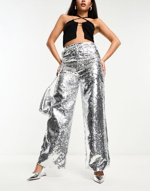 Extro & Vert flared sequin trousers in silver | ASOS