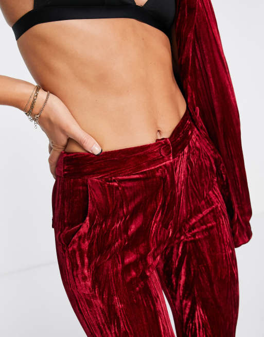 Red Velvet Flock Flare Leg Trousers