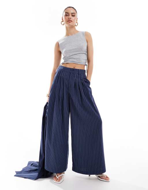 Extro & Vert - Geplooide palazzobroek met hoge taille in blauw met krijtstreep, deel van co-ord set