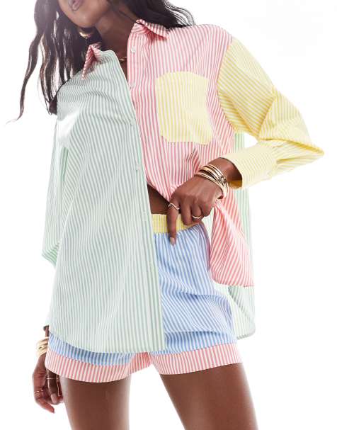 Extro & Vert - Gestreepte patchwork short in pastel, deel van co-ord set - view 1