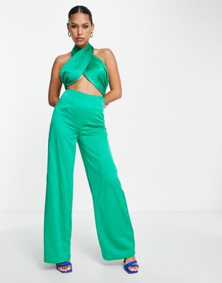 Extro & Vert halter neck jumpsuit with palazzo pants in emerald satin